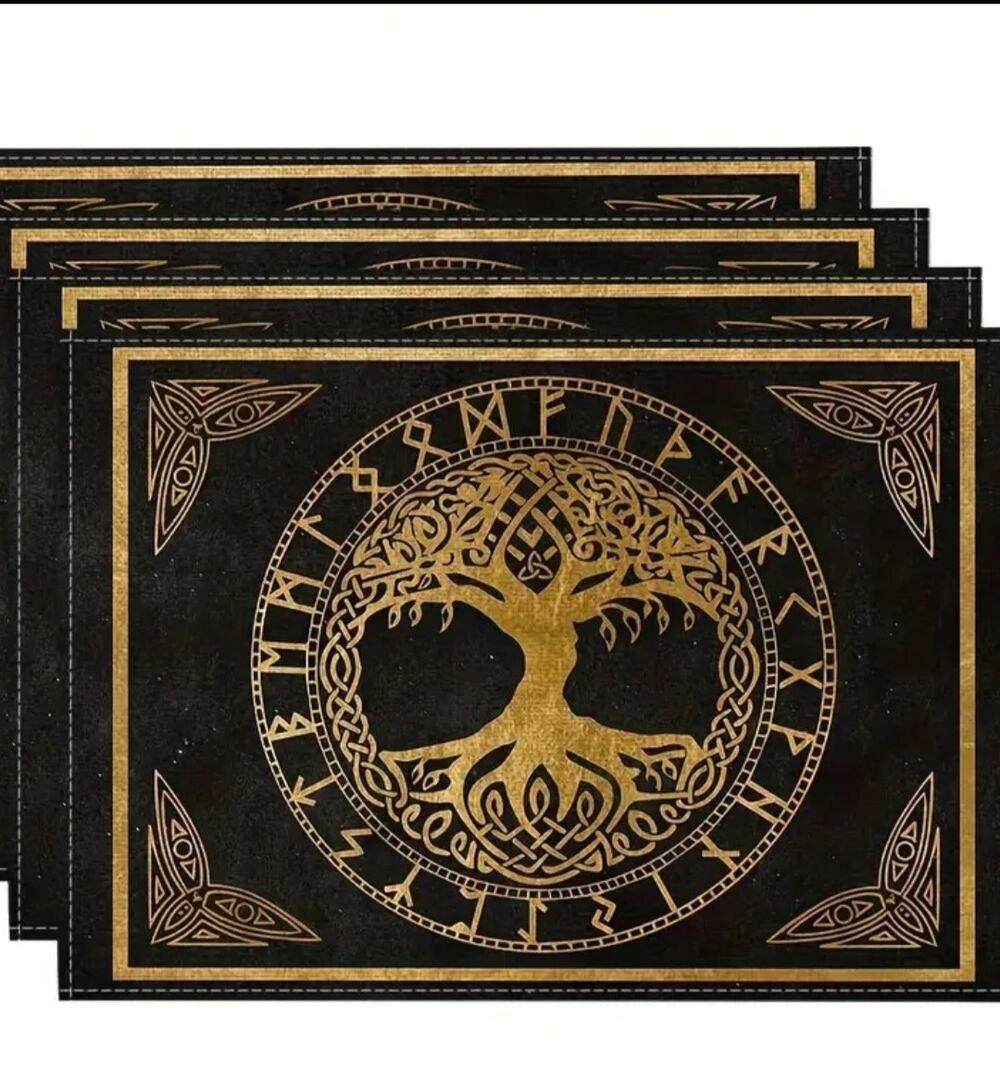 4 Tree Of Life Placemats 12"×18" Black Gold Celtic Knot Work Viking Runes Norse